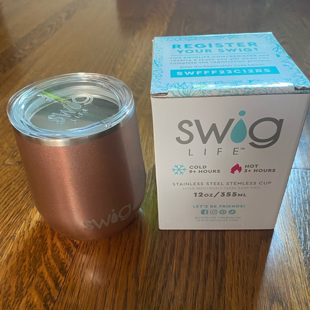 Swig Life Rose Gold Blush Pink Stainless Steel Stemless Cup Tumbler 12oz Lid New
